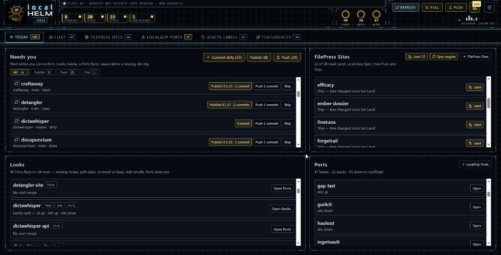 LocalHelm operator board with Today needs, FilePress sites, and LocalSlip ports